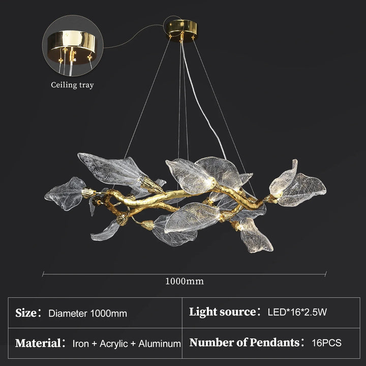 Suspension moderne feuilles verre et métal doré élégant