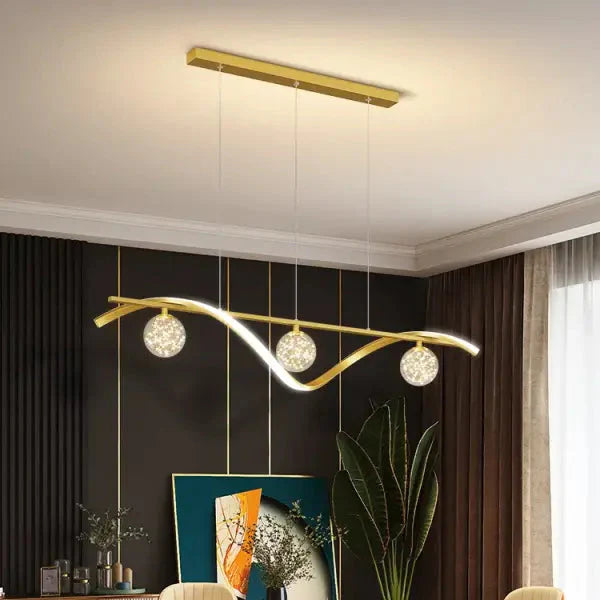 Suspension moderne à vague métallique et boules lumineuses

