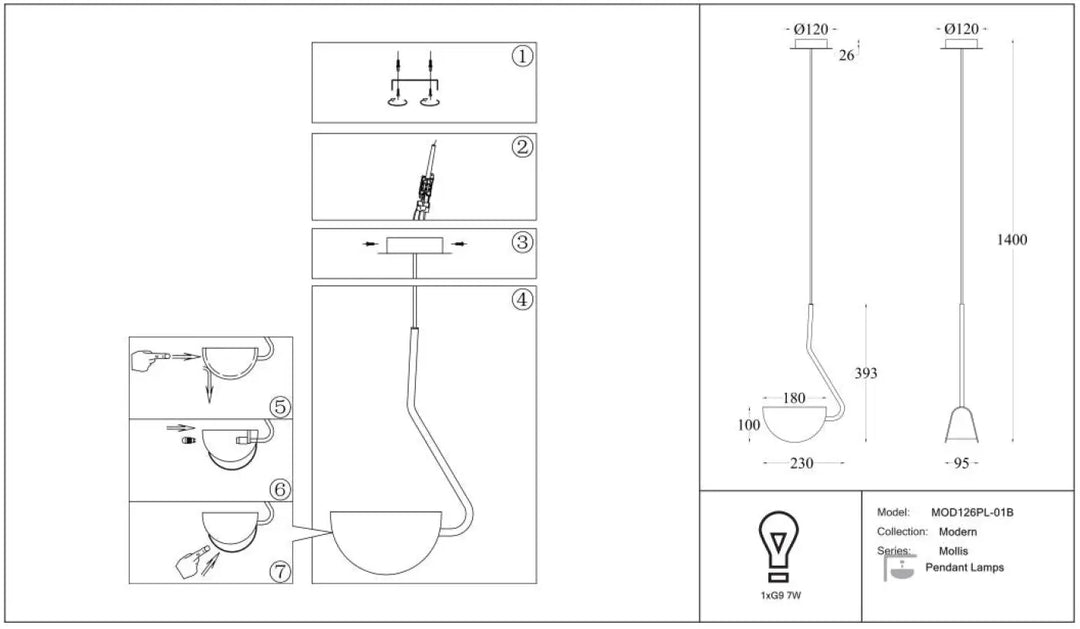 Suspension luminaire mollis feuille avec tige métalliquecurvée en acier noir et abat-jour minimaliste en forme de feuille pliée