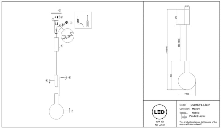 Suspension nebula led mod182pl-l4b3k avec globe en verre sphérique et éclairage led moderne pour intérieur contemporain