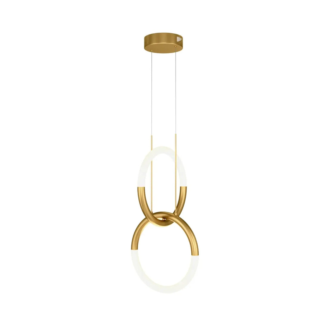 Suspension luminaire double anneau en aluminium doré avec deux anneaux entrelacés au-dessus d’une table moderne