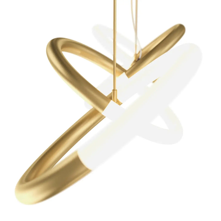 Suspension node ruban noué en aluminium noir avec anneaux circulaires dorés et diffuseurs blancs givrés modernes