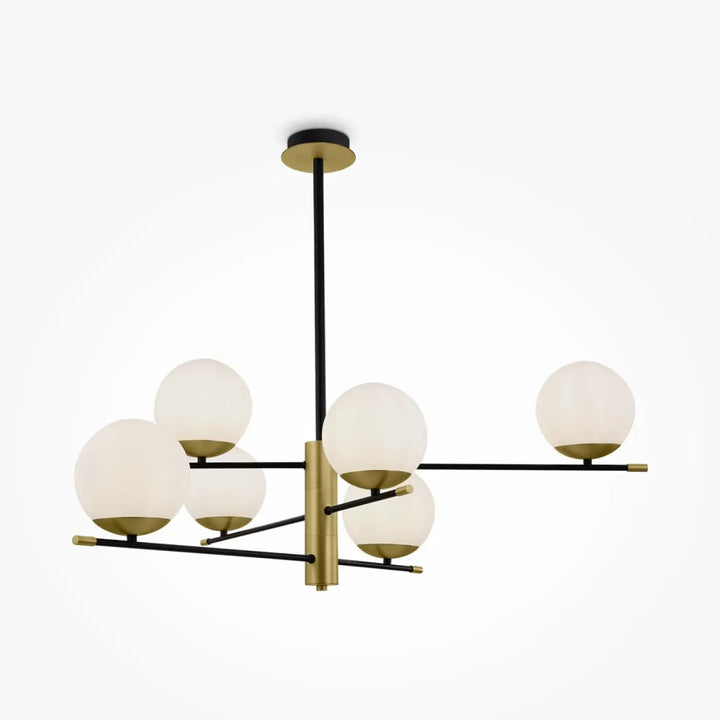 Suspension luminaire nostalgia en acier noir avec six globes en verre dépoli et armature en laiton noir et doré