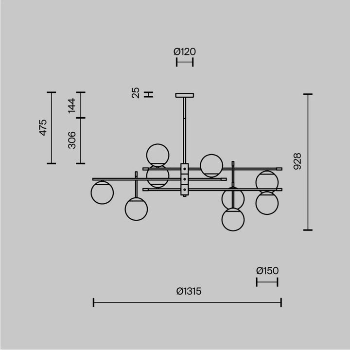 Suspension luminaire nostalgia xxl en acier noir avec neuf globes en verre sphérique pour un style minimaliste moderne