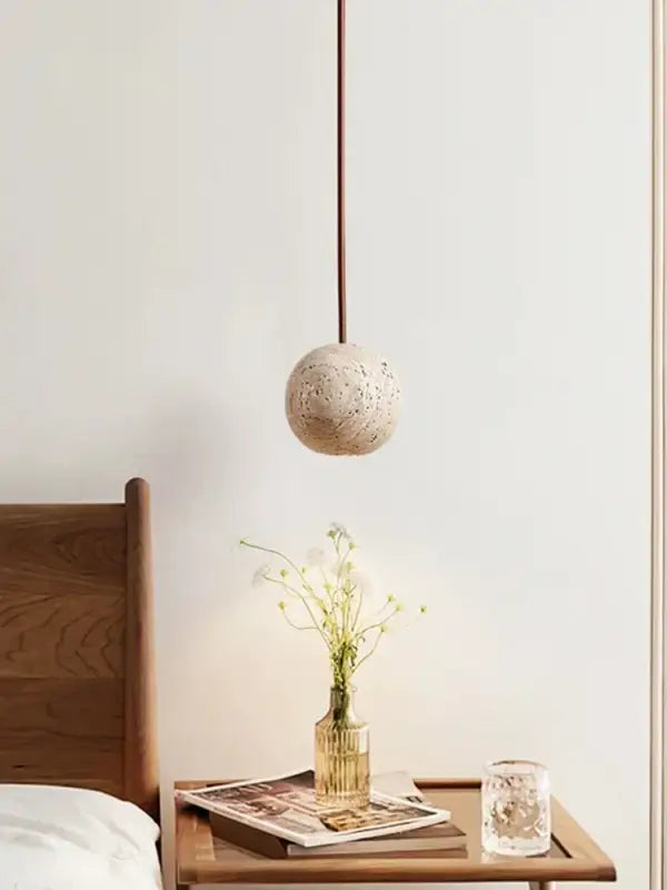 Pendant Lamp Stone Yellow Travertine Chandelier Bedside Small Round Light Bedroom Creative Hanging Line Lighting