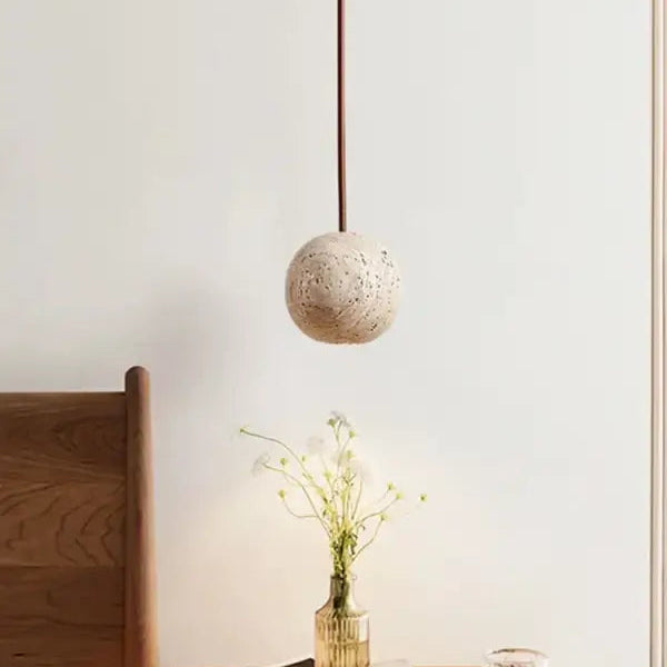 Pendant Lamp Stone Yellow Travertine Chandelier Bedside Small Round Light Bedroom Creative Hanging Line Lighting