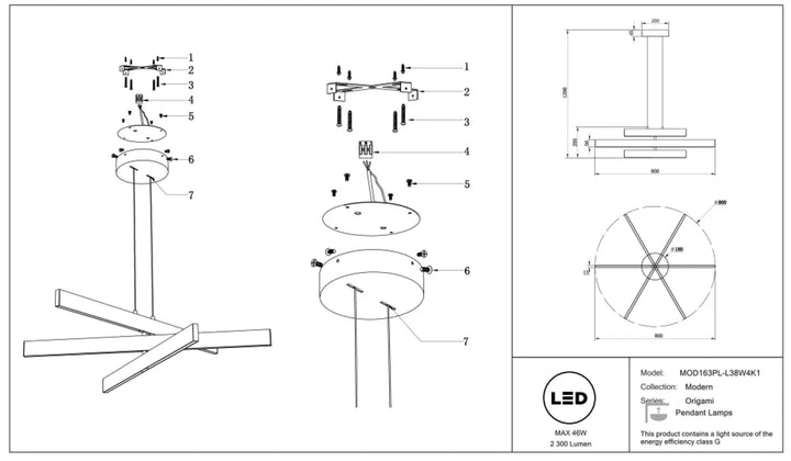 Suspension origami led avec lames orientables, design minimaliste en métal et leds géométriques intégré