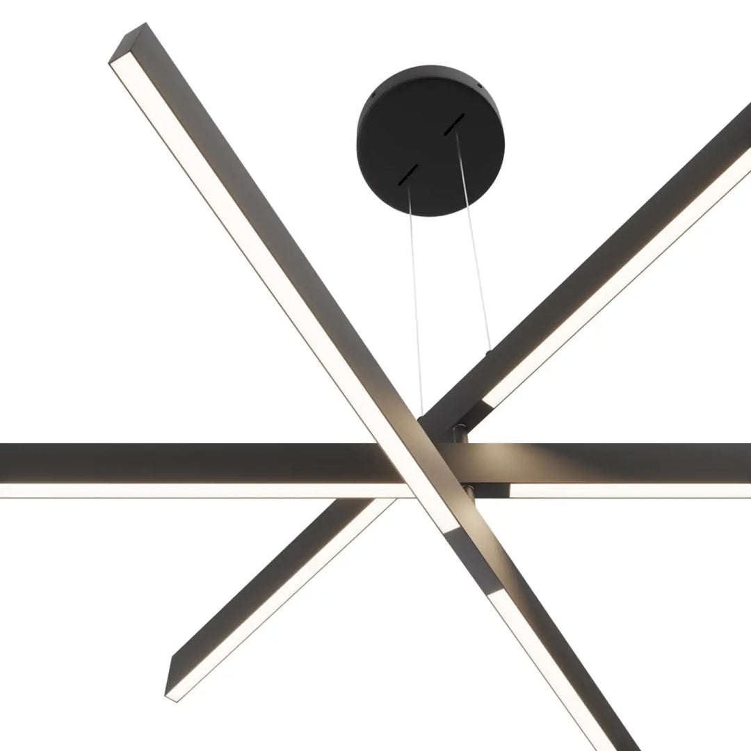 Suspension origami led noire moderne avec quatre barres led intersectées et lames orientables design contemporain