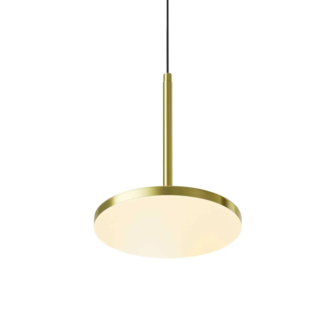 Suspension plato disque vertical en finition or avec tige cylindrique élégante et diffuseur disque lumineux circulaire doux