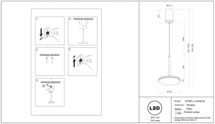 Suspension plato disque vertical led avec top cylindrique et base circulaire modèle p07pl_12v3k-b de la collection disque lumineux