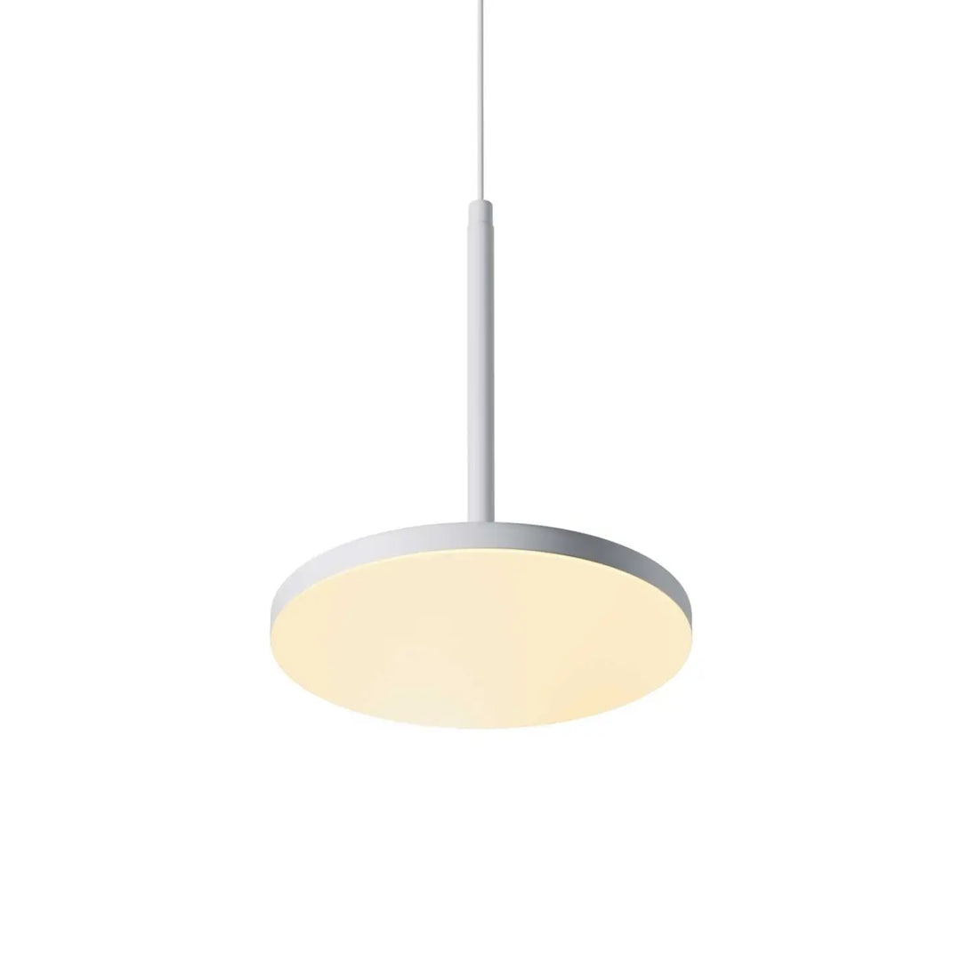 Suspension plato disque vertical avec diffuseur circulaire lumineux blanc minimaliste et tige cylindrique élégante