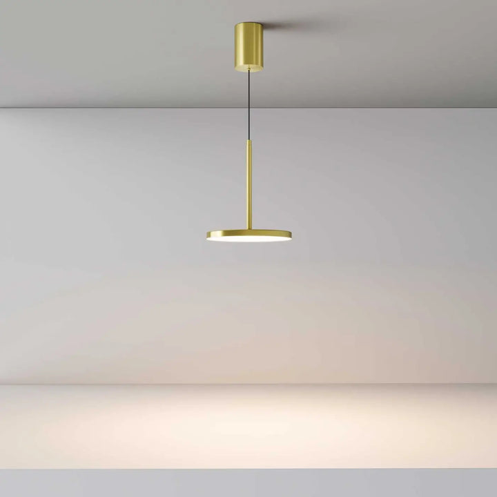 Suspension plato disque vertical en métal doré avec tige cylindrique et base disque lumineux éclairée moderne