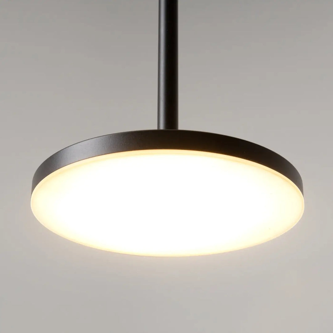 Suspension plato disque vertical lampe noire moderne avec diffuseur circulaire lumineux blanc doux