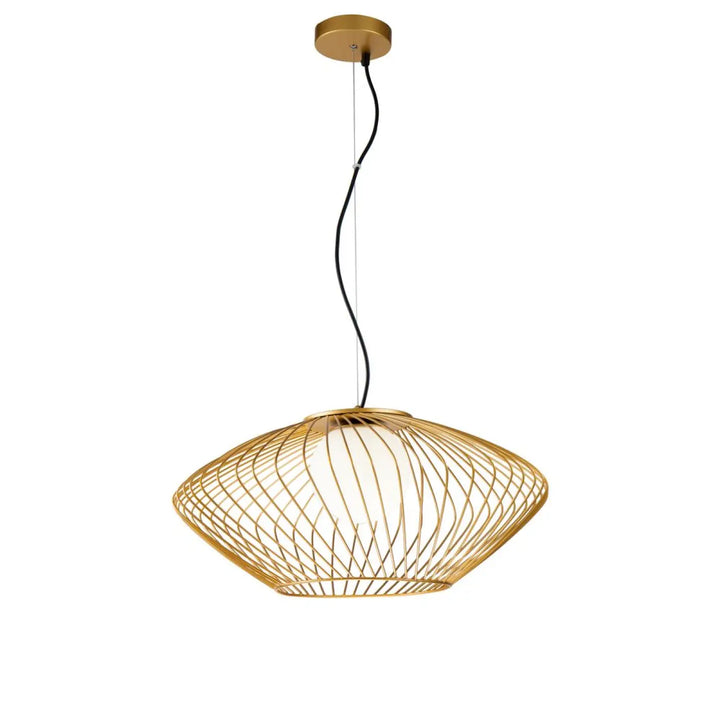 Suspension luminaire plec cage ajourée en lignes dorées avec diffuseur en verre dépoli de design géométrique moderne