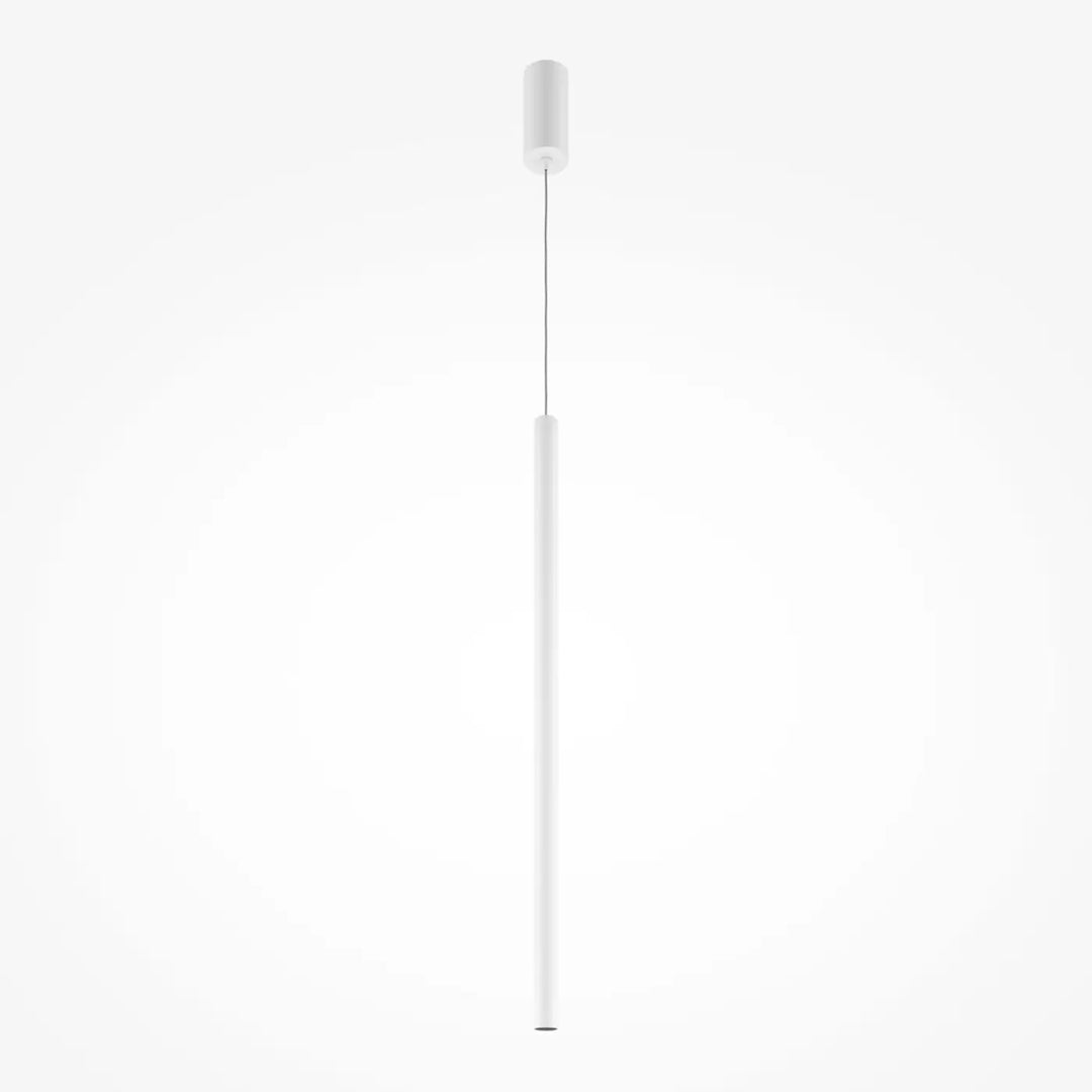 Suspension pro tube lumineux blanc cylindrique minimaliste au-dessus d’un espace moderne et épuré