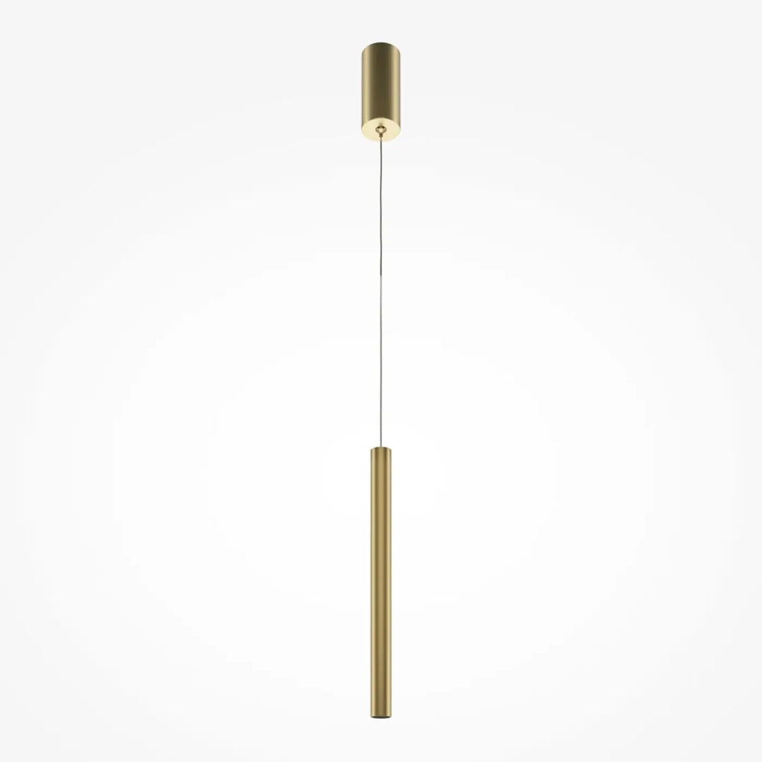Suspension pro tube lumineux en laiton cylindrique minimaliste au-dessus d’un espace avec design moderne élégant