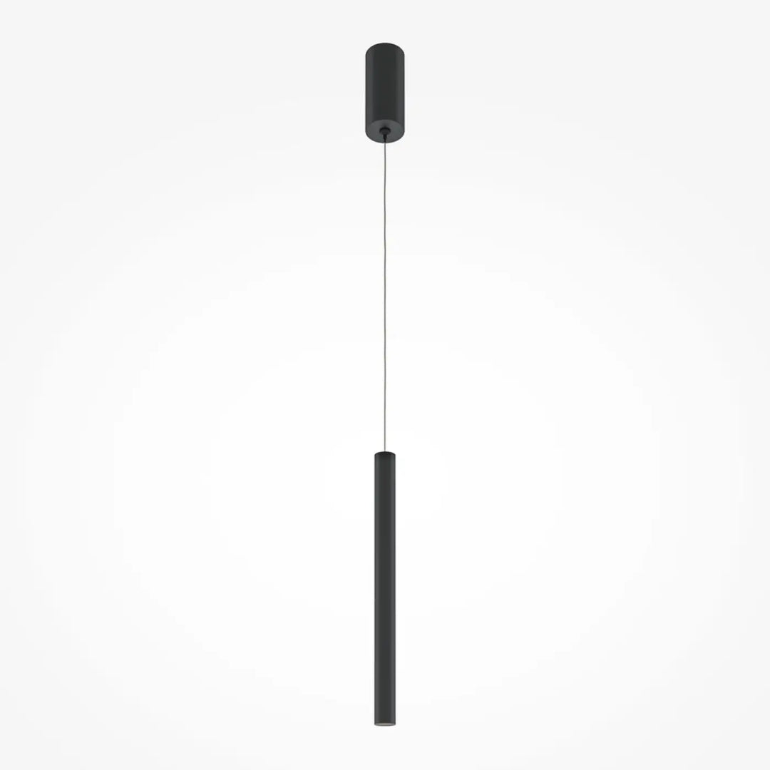 Suspension pro tube lumineux minimaliste noire cylindrique avec finition mate et suspension par cordon au-dessus d’un espace