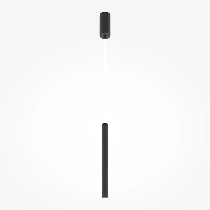 Suspension pro tube lumineux minimaliste noire cylindrique avec finition mate et suspension par cordon au-dessus d’un espace