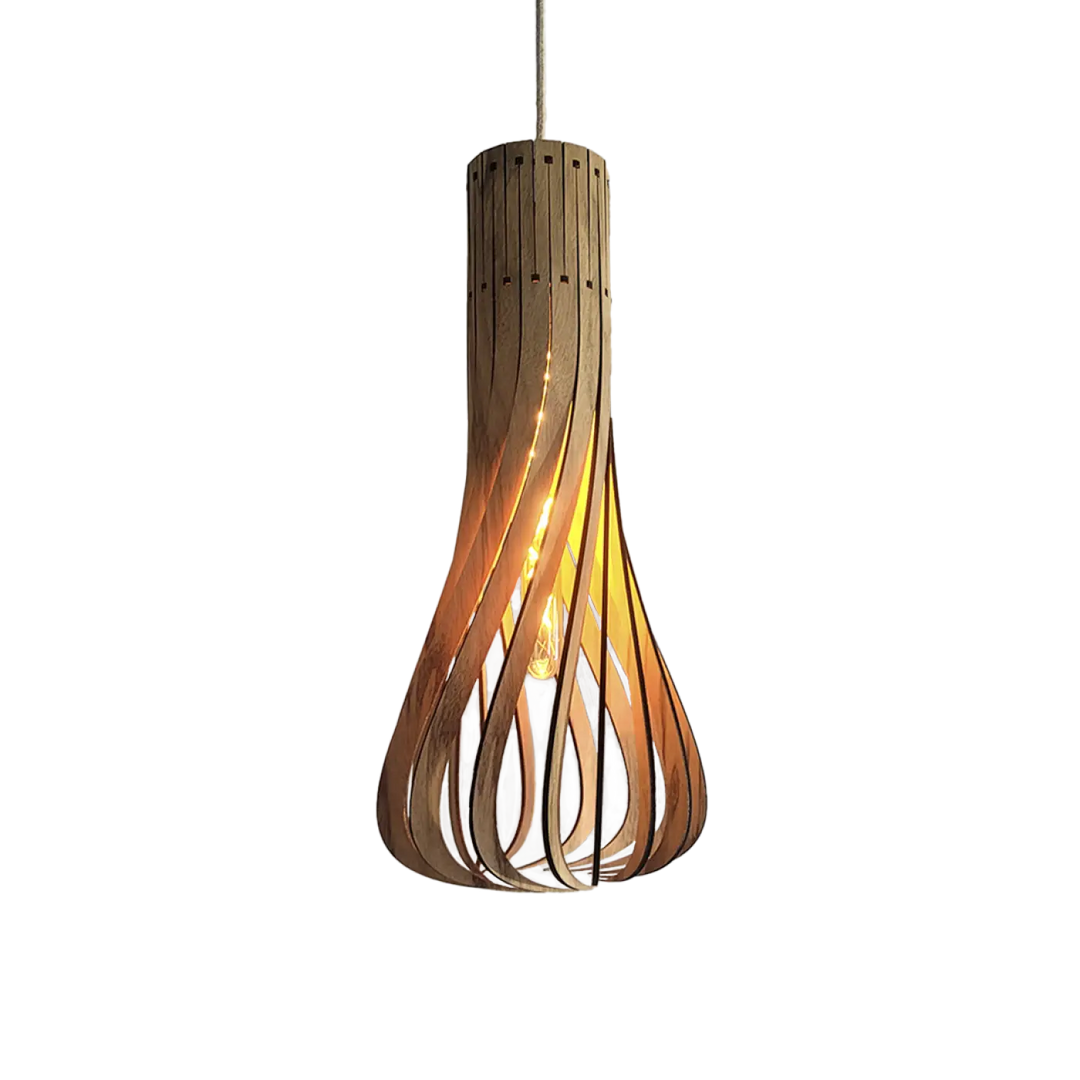 Suspension püntakapanel en bois fsc avec design moderne sculptural à lames verticales courbées couleur chaude