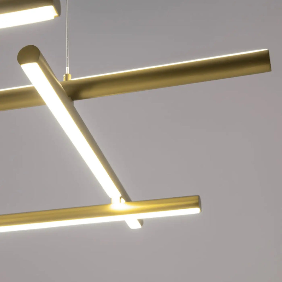 Suspension radiance ramification dorée en trois longueurs avec barres cylindriques entrecroisées et éclairage led intégré