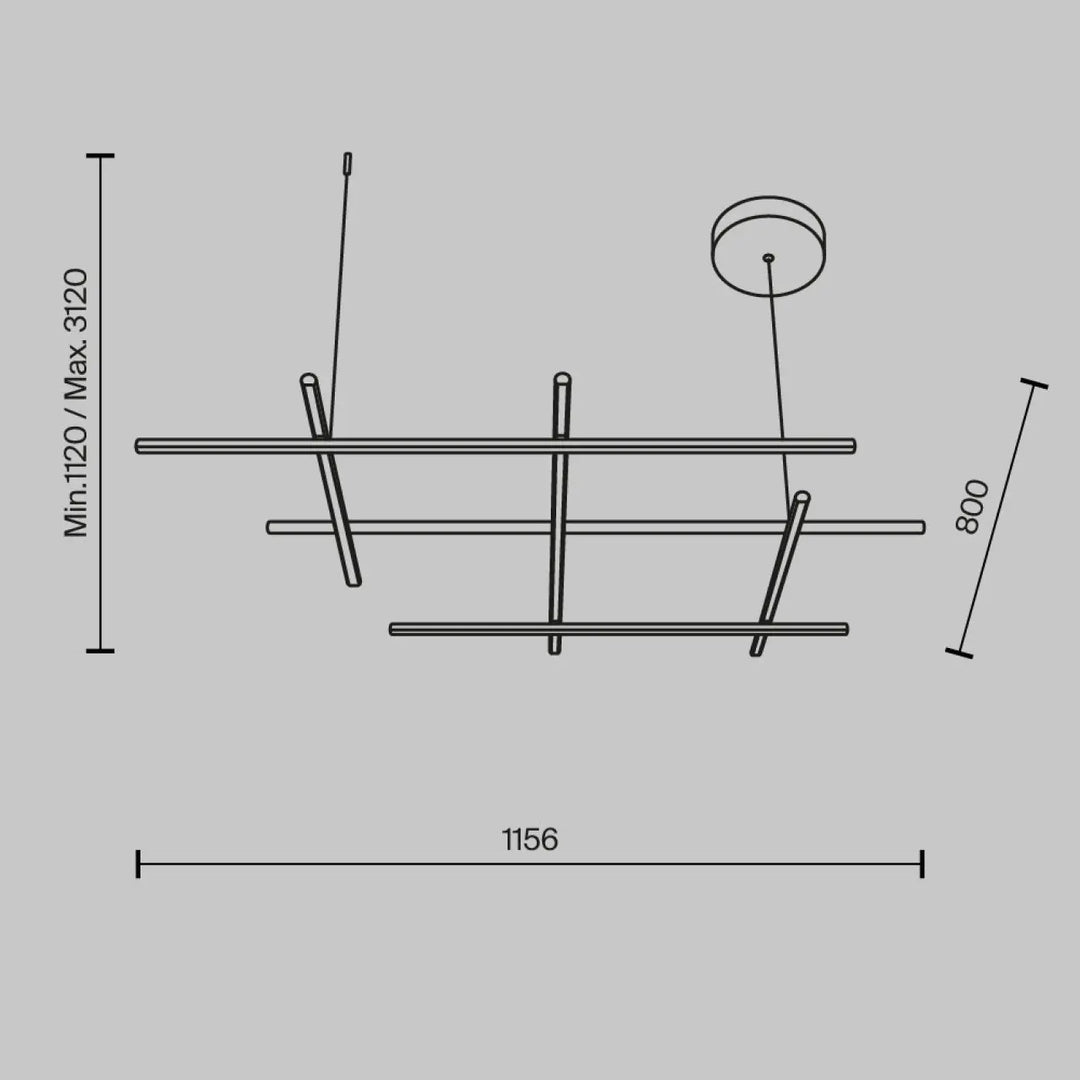 Suspension luminaire radiance ramification dorée en métal avec barres horizontales intersectées et supports inclinés trois longueurs