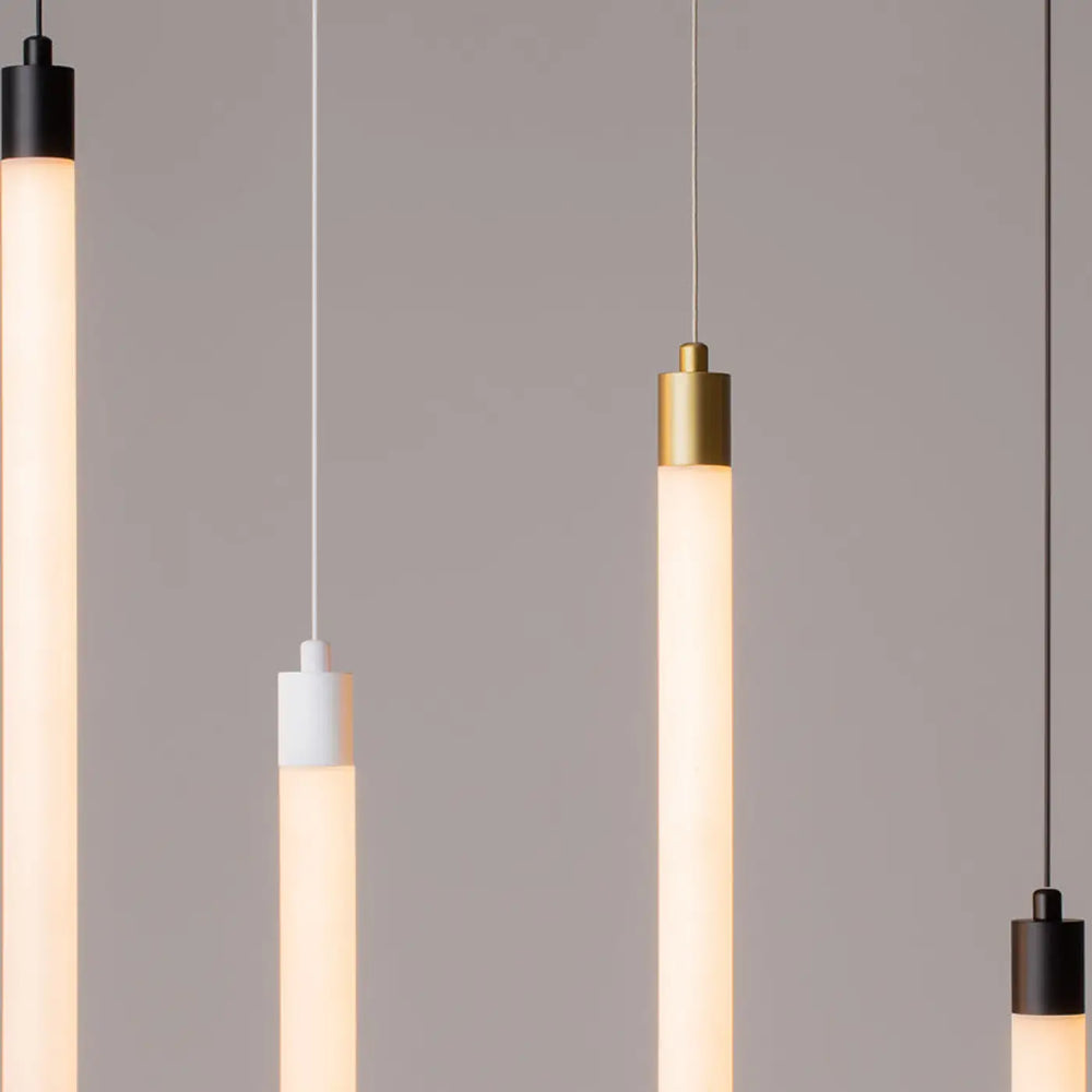 Suspension luminaire ray avec tube lumineux led intégrée design minimaliste en verre dépoli cylindrique et métal noir blanc or