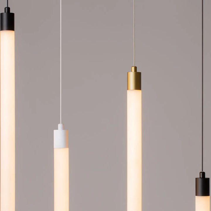 Suspension luminaire ray avec tube lumineux led intégrée design minimaliste en verre dépoli cylindrique et métal noir blanc or