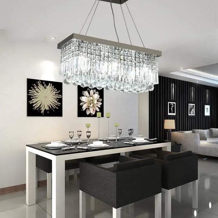 Suspension rectangulaire dorée avec pampilles en cristal moderne

