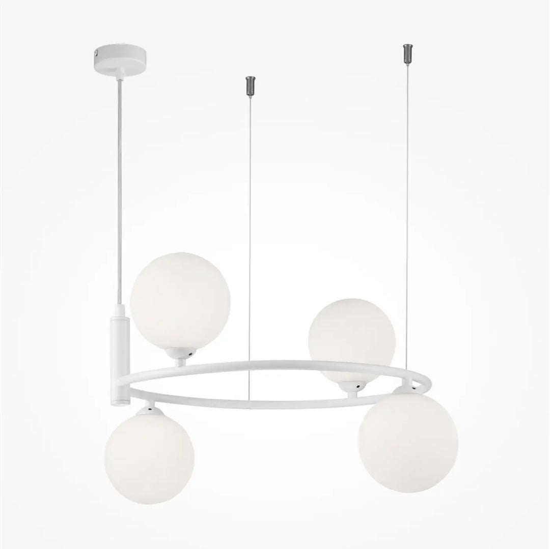 Suspension ring luminaire avec globe en verre blanc sphérique cadre circulaire minimaliste et tiges métalliques fines touche art déco