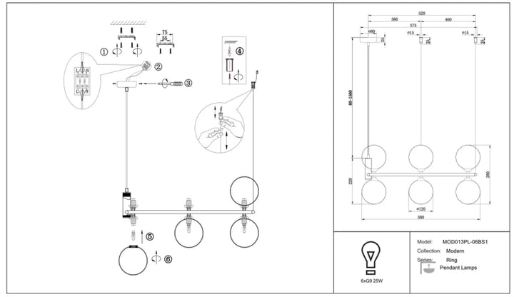 Suspension ring luminaire avec six globes en verre sphériques alignés en rangée sur bras métal ajustable touche art déco