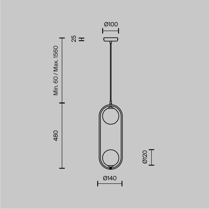 Suspension luminaire ring deux globes verticale au-dessus d’un îlot avec design ovale minimaliste art déco et dimensions techniques