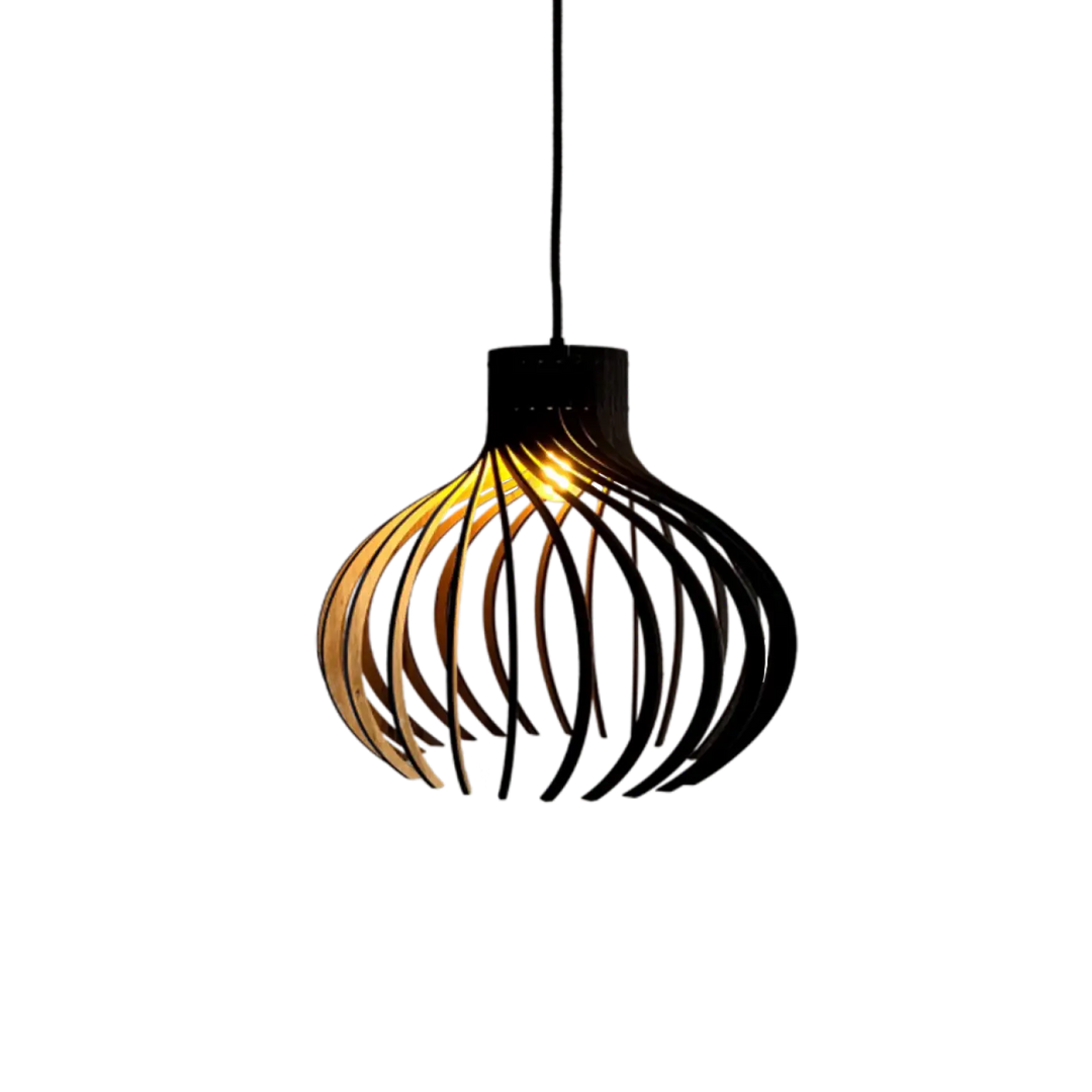 Suspension rinoz piatoni avec cadre en bois courbé moderne en tons ambre chaud et noir foncé