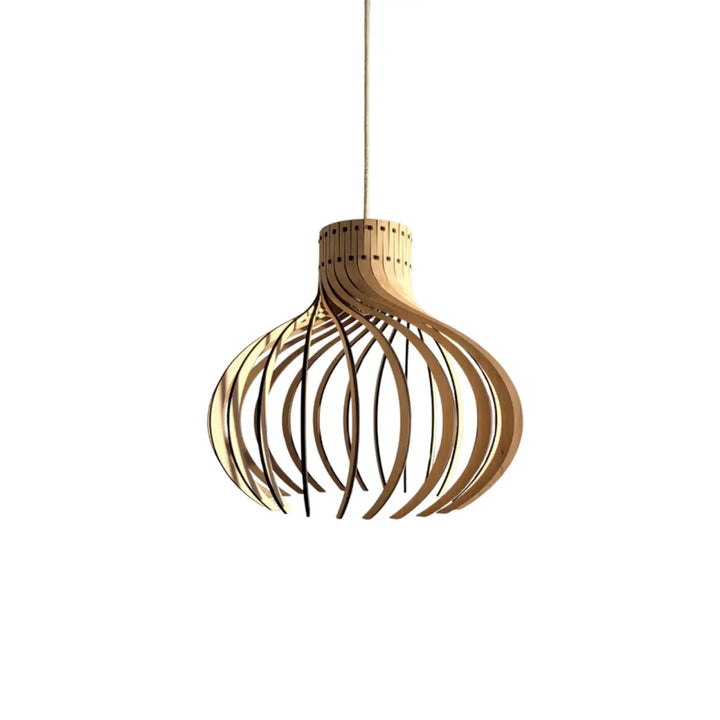 Suspension rinoz piatoni en bois naturel avec design courbé à lamelles pour une lumière moderne et chaleureuse