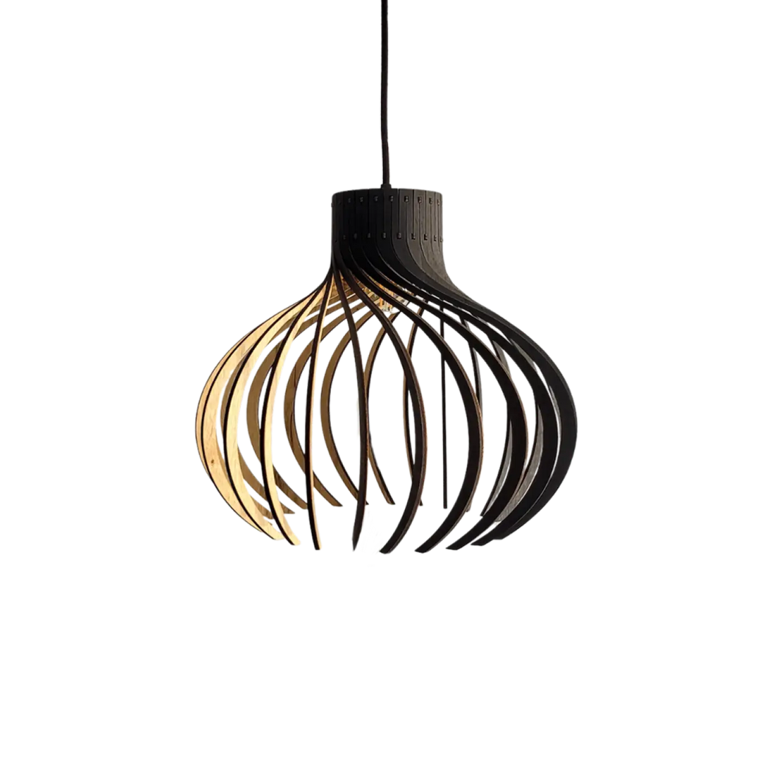 Suspension rinoz piatoni en bois incurvé naturel et foncé avec design moderne pour éclairage suspendu intérieur