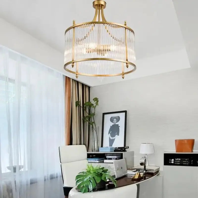 Suspension ronde vintage en verre strié doré