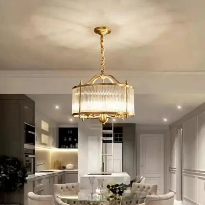 Suspension ronde vintage en verre strié doré