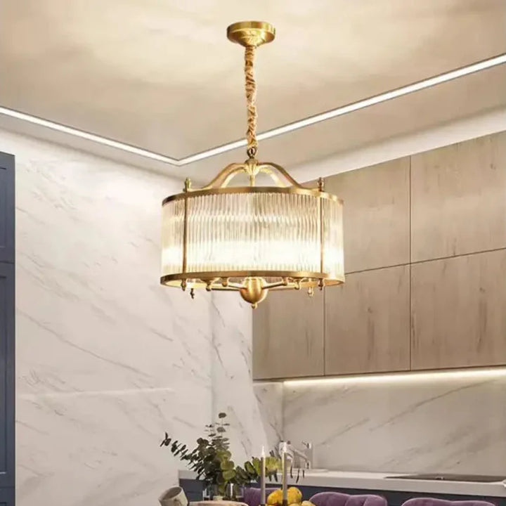 Suspension ronde vintage en verre strié doré