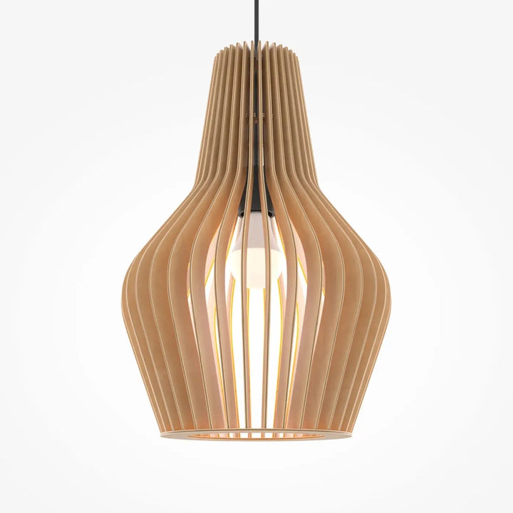 Suspension luminaire roots cage cylindrique en bois naturel avec fentes verticales élégantes et forme conique