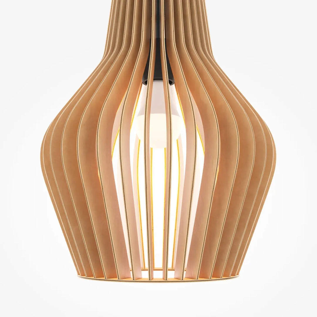 Suspension roots cage cylindrique en bois naturel avec finition moderne et design à nervures verticales élégantes