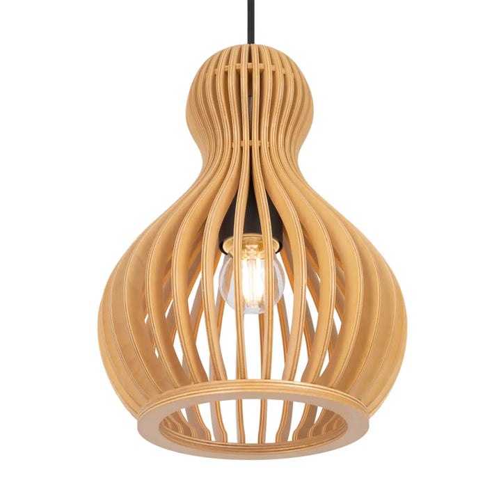 Suspension luminaire roots en bois naturel à ton chaud avec design organique adoucit et ampoule visible
