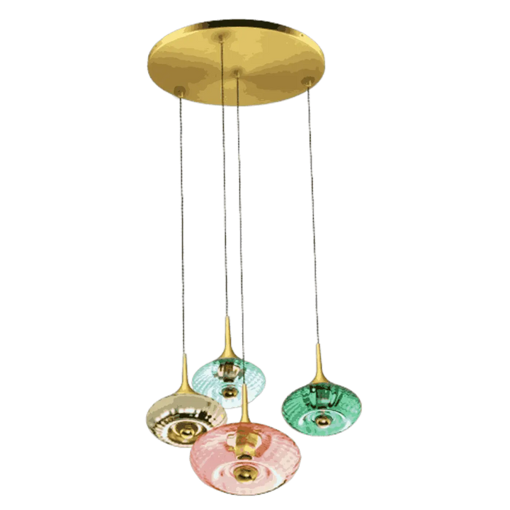 Suspension luminaire grace avec rosace grace dorée et verre soufflé en rose, vert menthe et bleu pour points lumineux élégants