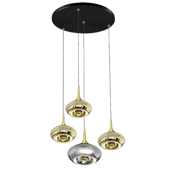 Suspension luminaire grace 4 lumières avec rosace grace noire, verre soufflé en globes dorés et chrome pour points lumineux modernes