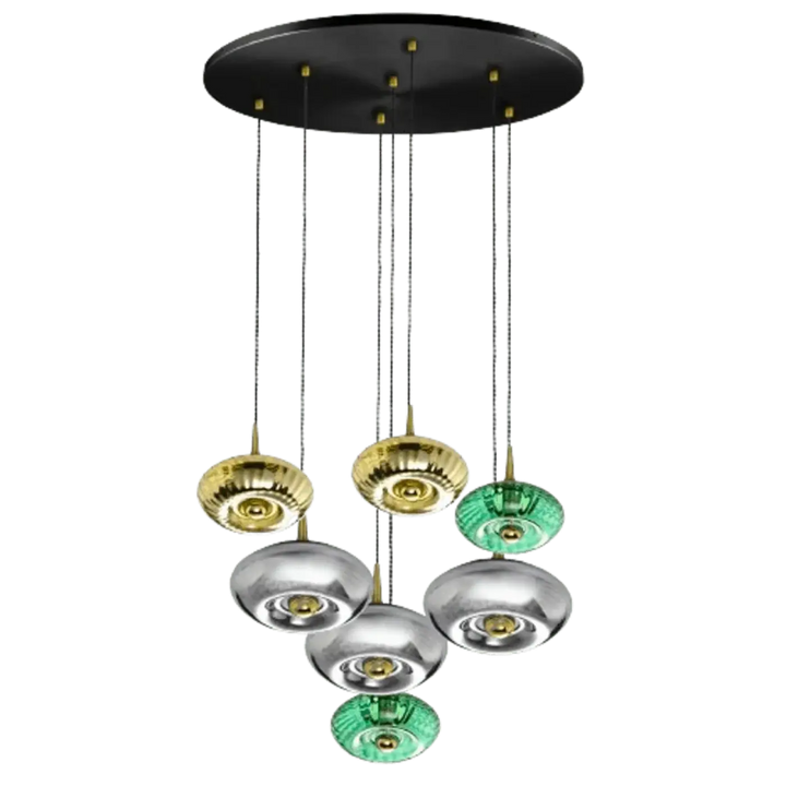 Suspension luminaire grace avec rosace grace noire, verre soufflé vert, argent et or, points lumineux sphériques modernes