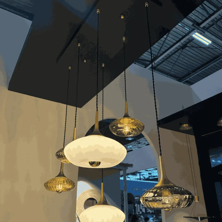 Ensemble de suspension luminaire grace 6 lumières avec rosace grace, points lumineux en verre soufflé ambré, blanc et clair