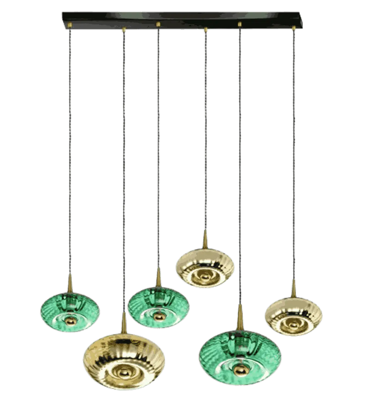 Suspension luminaire grace avec cinq points lumineux en verre soufflé vert émeraude et finition or sur rosace grace noire