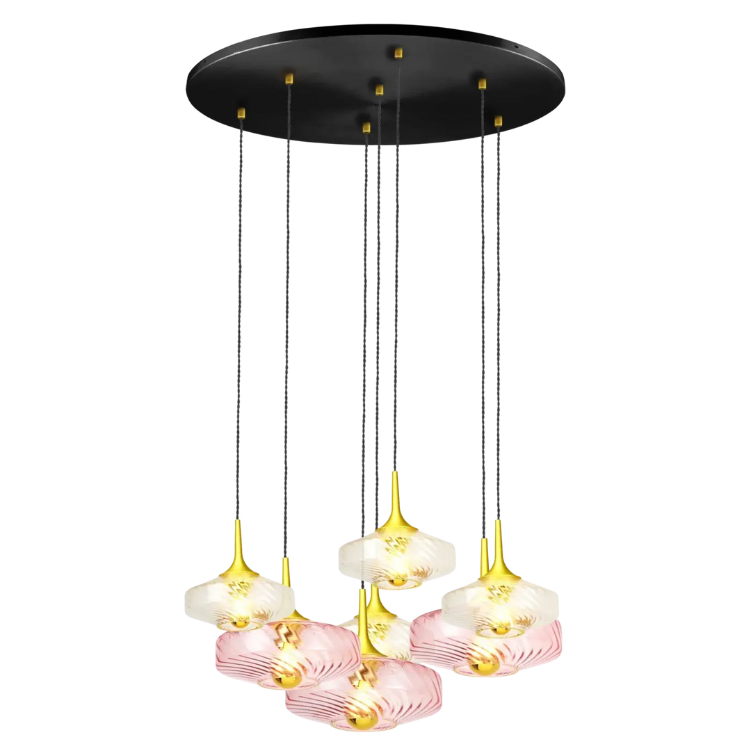 Suspension luminaire rosace roxanne en verre soufflé rose et blanc avec accents dorés, solution d’éclairage élégante