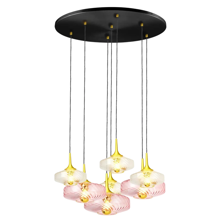 Suspension luminaire rosace roxanne en verre soufflé rose et blanc avec accents dorés, solution d’éclairage élégante