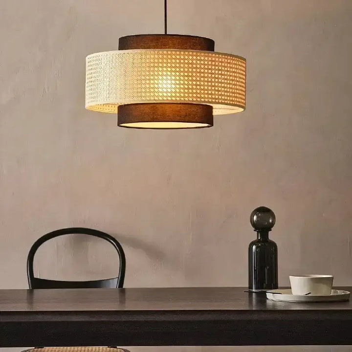Suspension rotin design élégant forme tambour lumineux