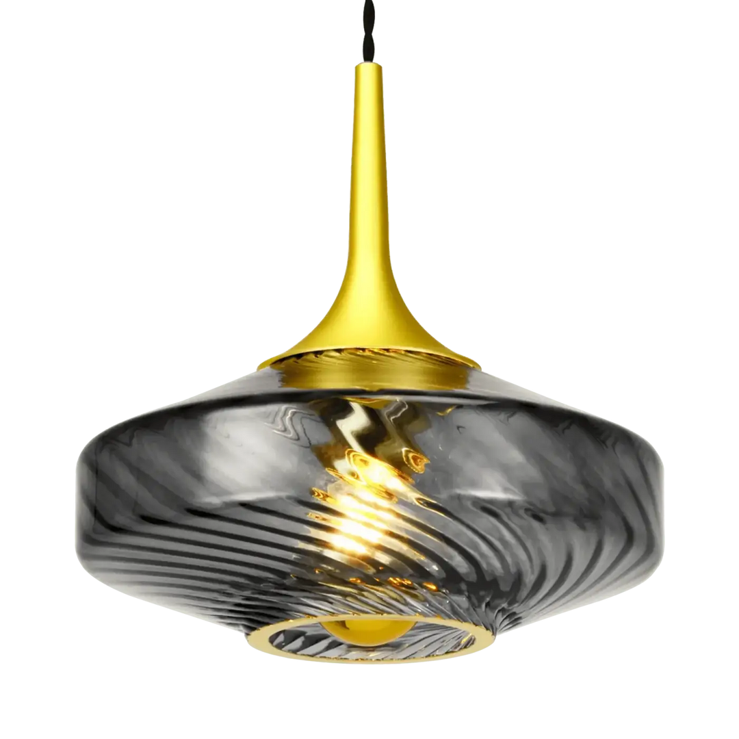 Suspension roxanne Ø20 en verre noir tourbillonnant avec tige et base métal doré élégants pour éclairage suspendu