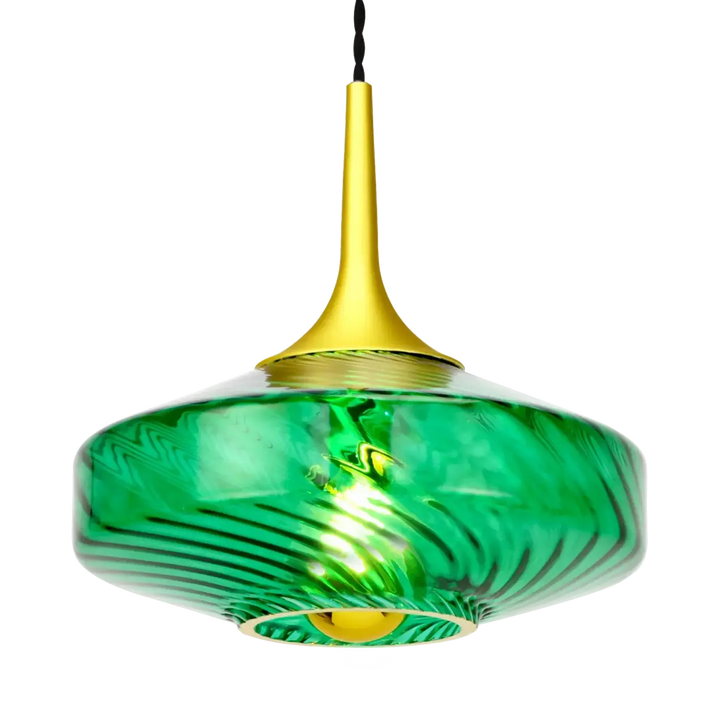 Suspension roxanne Ø20 avec abat-jour en verre vert tourbillonnant et tige en métal doré poli moderne et élégant